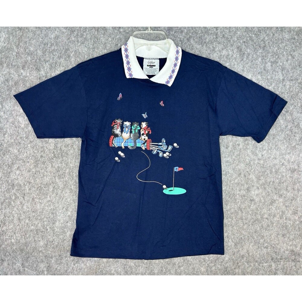 Grannycore Cottagecore Gopher Sport Vintage Blue Cat And Golf Shirt Size M